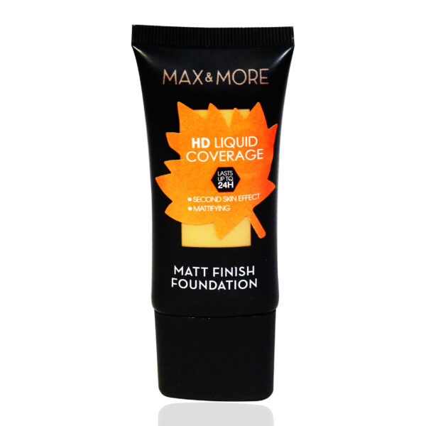 MAX & More HD Liquid Coverage Matt Finish Foundation | Long Lasting 24 Hrs | Second Skin Effect | Mattifying | 30ml